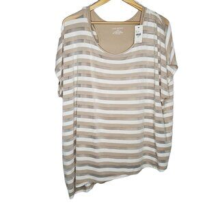 Lane Bryant Shirt Sz 18/20 Short Sleeve Layered Beige Tan White Stripe
